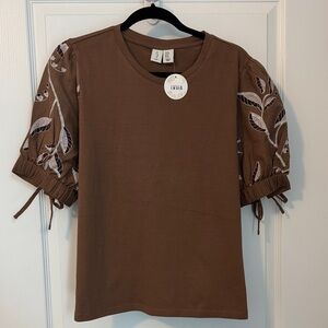 Joie Brown Blouse with Leaf Pattern Sleeves